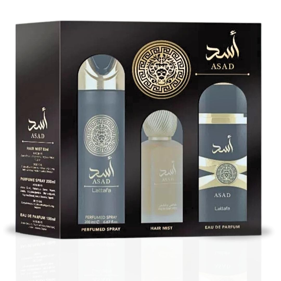 Lattafa Asad EDP Spray 100ml & Perfumed Spray 200ml & Fresh Hair Mist (3pcs)