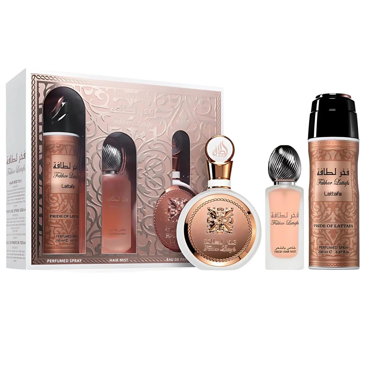 Lattafa Fakhar For Women EDT Spray 100ml & Perfumed Spray 200ml & Fresh Hair Mist (3 pcs)
